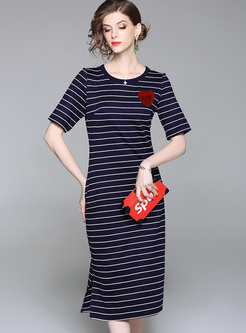 Blue Striped Slit T-shirt Dress