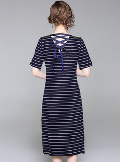 Blue Striped Slit T-shirt Dress