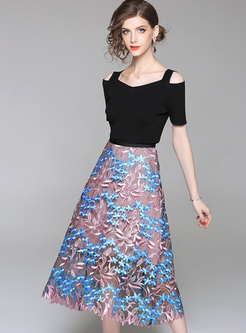 Hit Color Mesh Embroidered Skirt