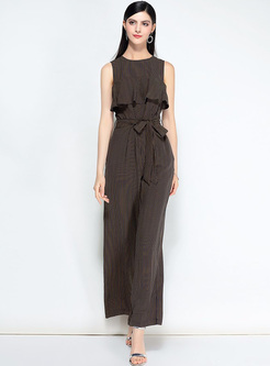 Causal Splicing Belted Striped Jumpsuits