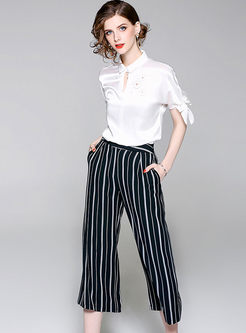 Fashion Solid Color Blouse & Striped Wide Leg Pants 