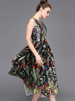 Floral Print Waist Big Hem Sleeveless Dress
