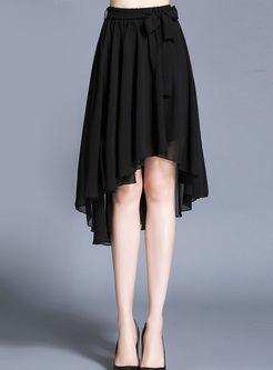 Street Black Chiffon Waist Asymmetric Skirt 