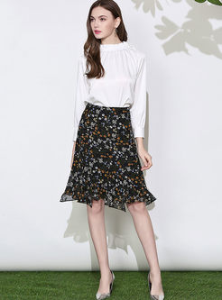 Chiffon Elegant Floral Print Falbala Skirt 