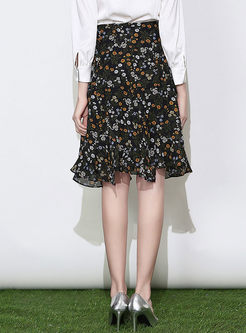 Chiffon Elegant Floral Print Falbala Skirt 