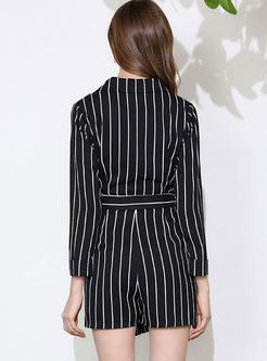 Lapel Striped Belted Commuter Asymmetric Rompers