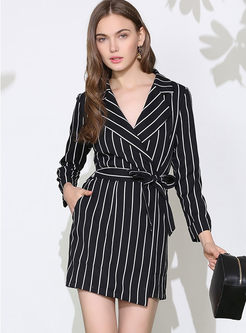 Lapel Striped Belted Commuter Asymmetric Rompers