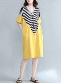 Fashion V-neck Striped T-shirt Dress 