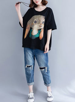 Casual Linen Rabbit Print T-shirt