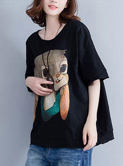Casual Linen Rabbit Print T-shirt