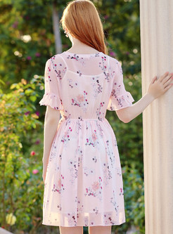Pink Sweet Floral Print Chiffon Dress