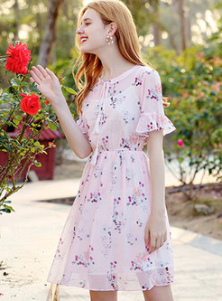 Pink Sweet Floral Print Chiffon Dress