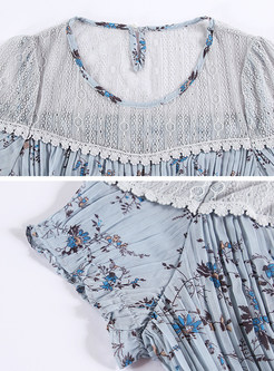 Blue Floral Print Splicing Pleated Dress