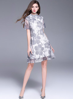 Lace Stand Collar Mesh Embroidered A-line Dress