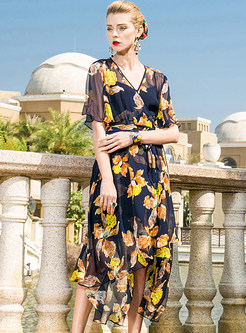 Floral Print Belted Silk Asymmetric Dress
