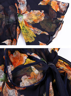 Floral Print Belted Silk Asymmetric Dress