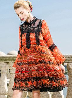 Silk Print Perspective Lace Shift Dress