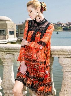 Silk Print Perspective Lace Shift Dress