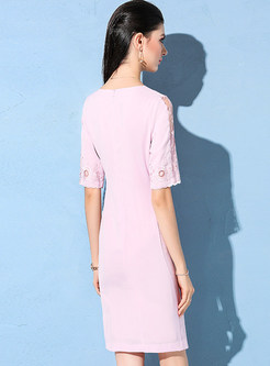 Pink Slim Embroidered A-line Dress