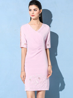 Pink Slim Embroidered A-line Dress