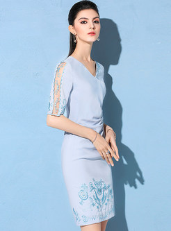Blue Stylish Embroidered V-neck A-line Dress