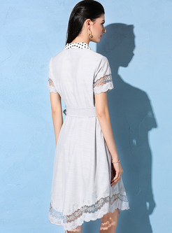 White Lapel Belted Embroidered Skater Dress