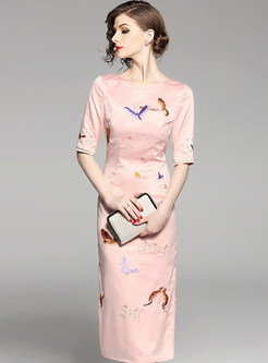Butterfly Embroidered Split Half Sleeve Dress