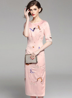 Butterfly Embroidered Split Half Sleeve Dress
