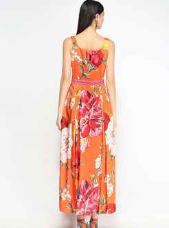 Orange Floral Print Sleeveless Pleated Maxi Dress