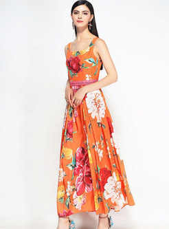 Orange Floral Print Sleeveless Pleated Maxi Dress