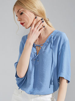 Fashion Blue V-neck Tied T-shirt 
