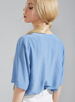 Fashion Blue V-neck Tied T-shirt 