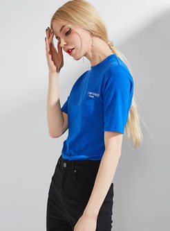 Brief Blue Letter Embroidery T-shirt