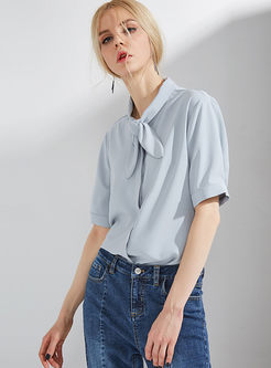 Blue Fashion Tied Single-breasted Pure Color Blouse