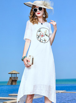 White Ethnic Embroidered Slit Shift Dress