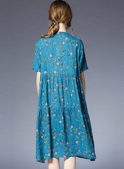 Blue Floral Print Short Sleeve Shift Dress