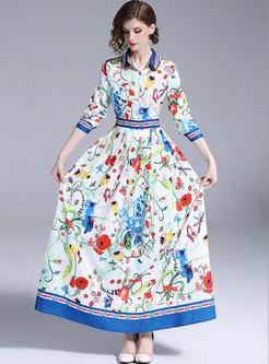 Floral Print Lapel Maxi Dress
