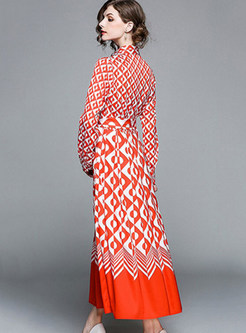 Red Ethnic Geometry Patter Belted Maxi Dress