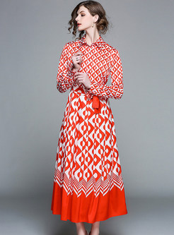 Red Ethnic Geometry Patter Belted Maxi Dress