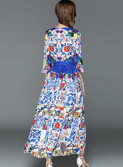 Vintage Gathered Waist Floral Print Maxi Dress
