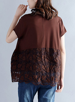 Coffee Lace Splicing Cotton T-shirt
