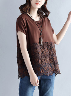 Coffee Lace Splicing Cotton T-shirt