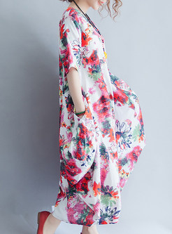 White Ethnic Flower Print Maxi Dress