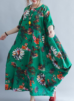 Green Flower Print Loose Maxi Dress