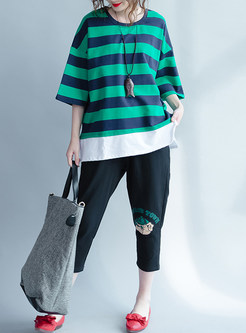 Striped Contrast Color Splicing T-shirt