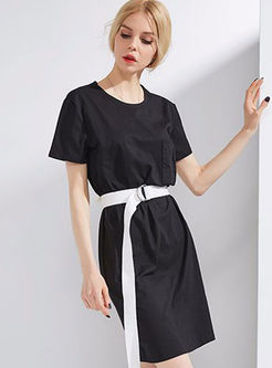 Black Loose Short Sleeve Dress Without Belt