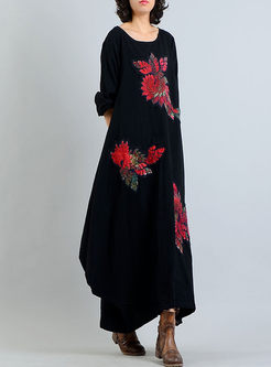 Black Asymmetric Embroidery Vintage Maxi Dress