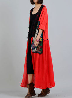 Red Ethnic Linen Embroidery Lace Coat