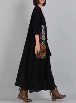 Black Ethnic Linen Embroidery Lace Coat