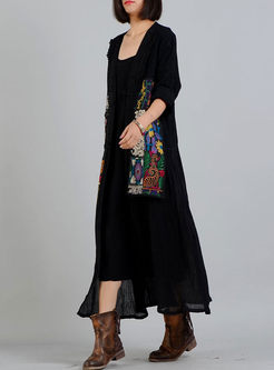 Black Ethnic Linen Embroidery Lace Coat